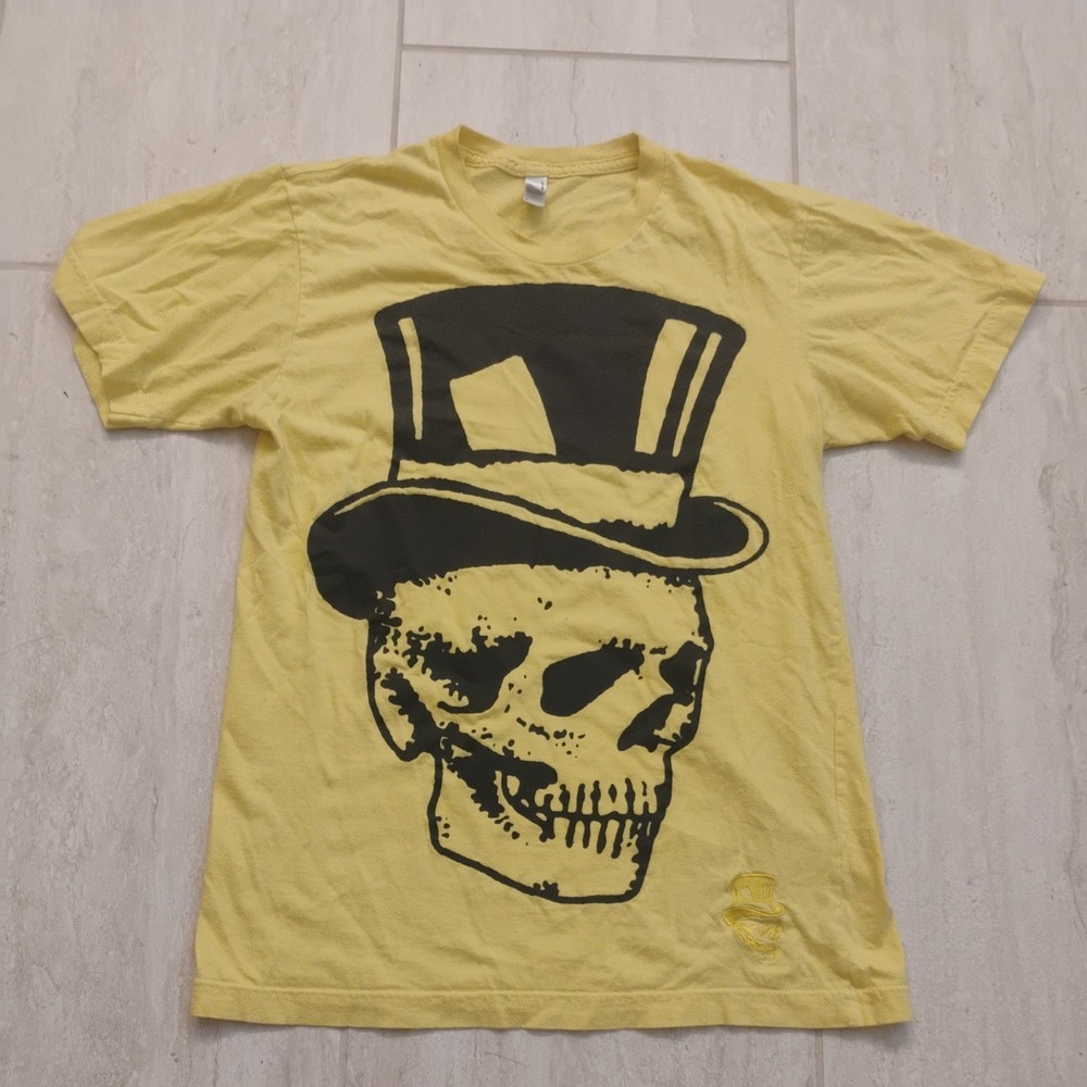 American Apparel Skull Top Hat Graphic T-Shirt Mens Small Yellow Made in USA Y2K